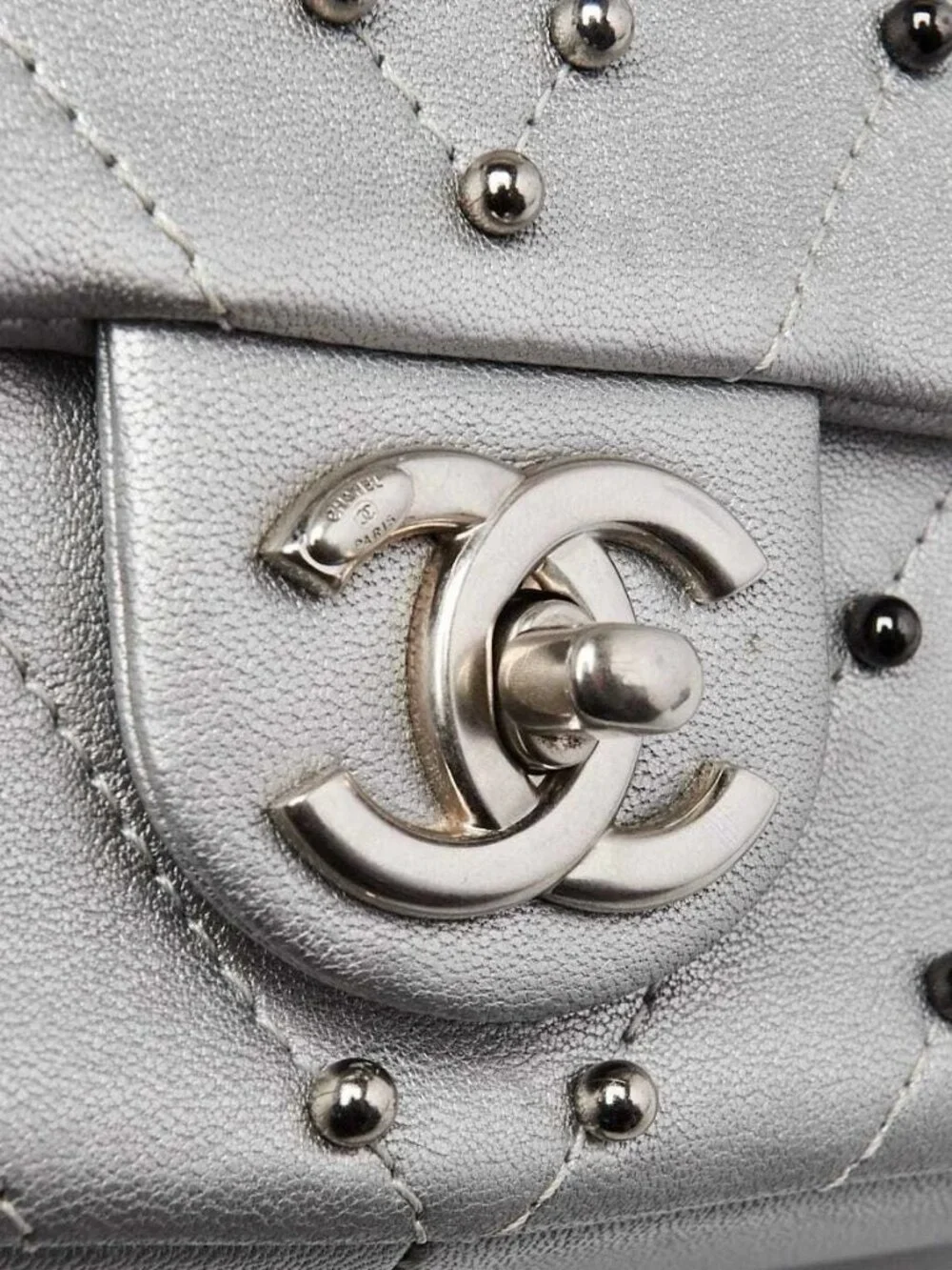 Chanel Silver Chevron Quilted Leather Studded Rectangular Mini Flap Bag